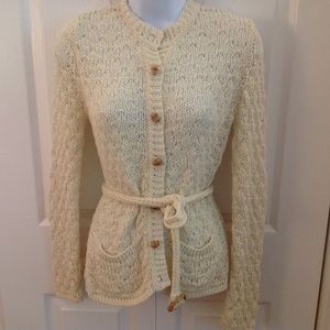 SOLD - Anthropologie Moth Beige Cardigan Crochet Boho Belted Sweater S